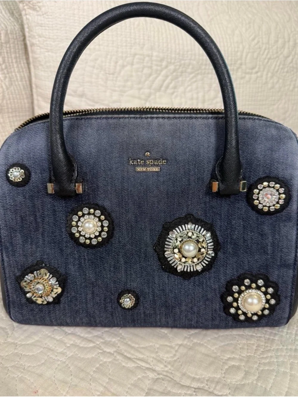 Kate Spade Cameron Street Pearl & Crystal Embellished Denim Satchel/Crossbody